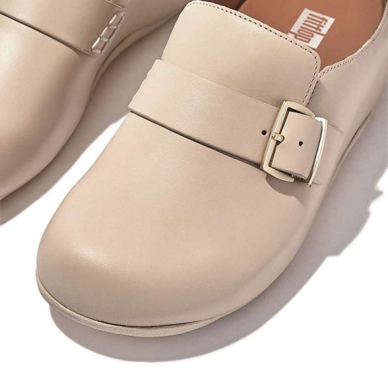 Grey / Beige FitFlop Shuv Buckle Strap Leather Women's Clogs | 206IOPTML