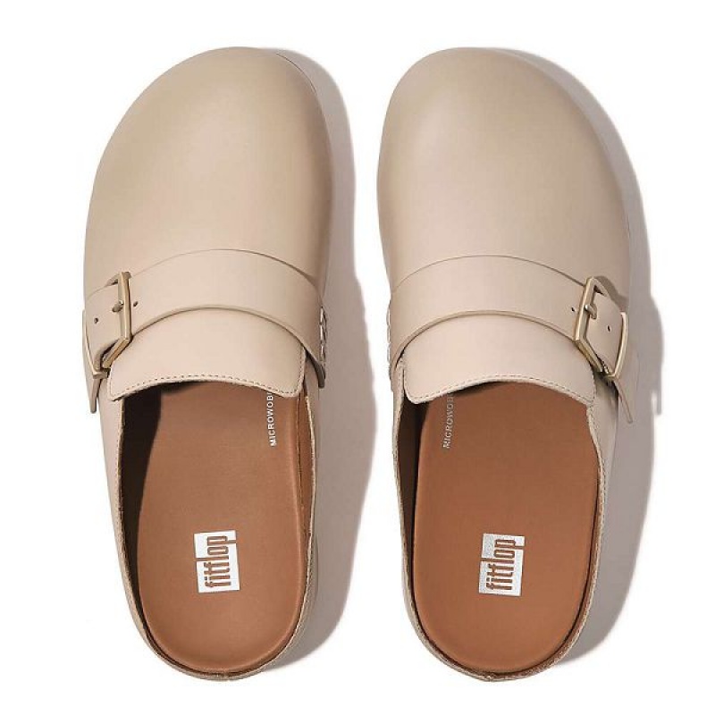 Grey / Beige FitFlop Shuv Buckle Strap Leather Women's Clogs | 206IOPTML