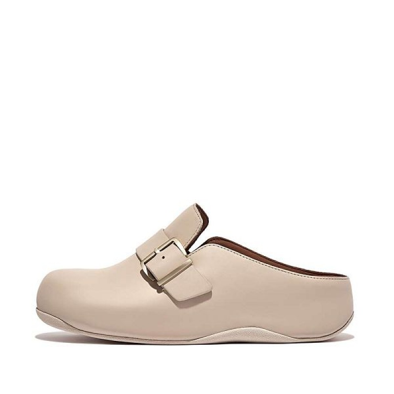 Grey / Beige FitFlop Shuv Buckle Strap Leather Women\'s Clogs | 206IOPTML